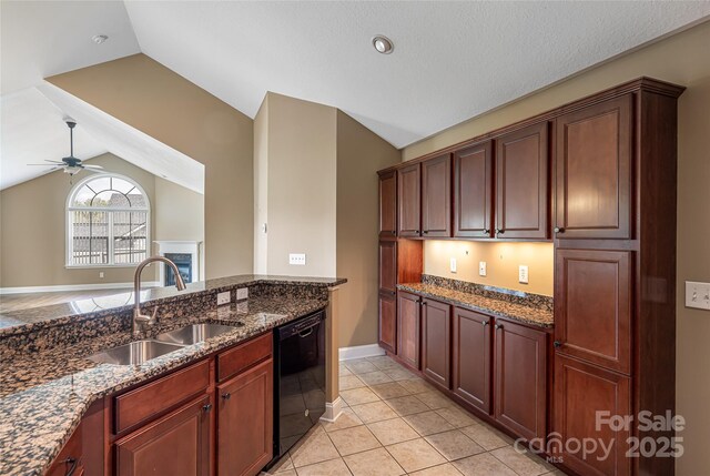 33 Braeburn Way, Flat Rock, NC 28731 - kitchen featuring dark stone countertops, a sink, ceiling fan, dishwasher, and vaulted ceiling