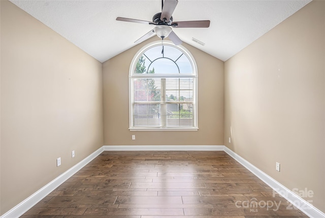 33 Braeburn Way, Flat Rock, NC 28731 - unfurnished room with a ceiling fan, visible vents, baseboards, lofted ceiling, and hardwood / wood-style flooring