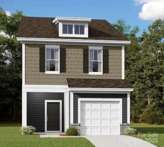 view of front of property featuring an attached garage, concrete driveway, roof with shingles, and a front lawn