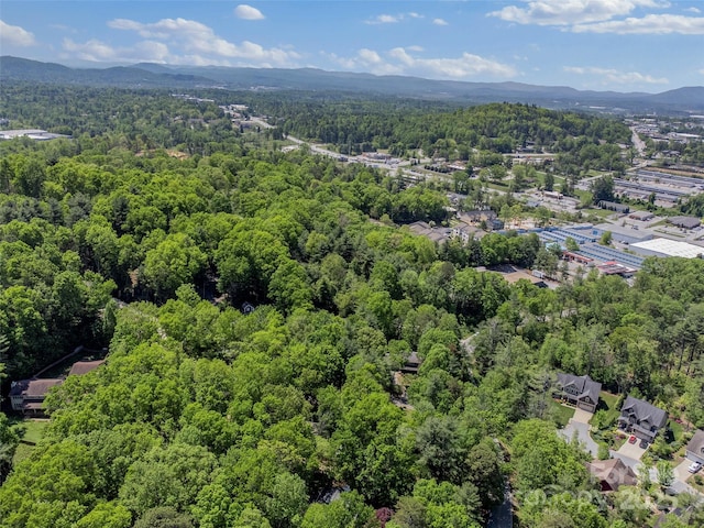 drone / aerial view of a heavily wooded area and a mountainous background