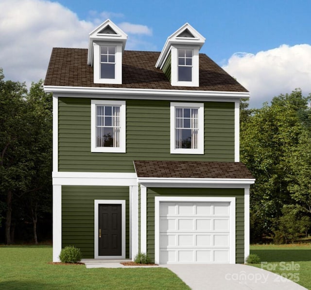 view of front facade featuring a front yard, a shingled roof, driveway, and an attached garage