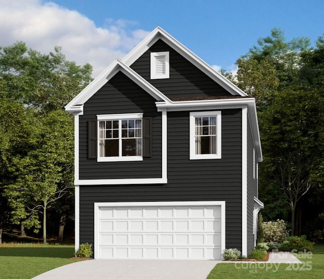 view of front of home featuring a garage, a front lawn, and concrete driveway