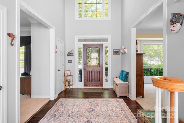 16028 Hallaton Dr, Huntersville, NC 28078 - entrance foyer with baseboards, a towering ceiling, ornamental molding, and dark wood-style floors