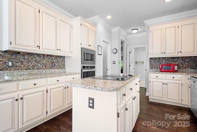 16028 Hallaton Dr, Huntersville, NC 28078 - kitchen featuring a center island, stainless steel appliances, crown molding, tasteful backsplash, and dark wood-style floors