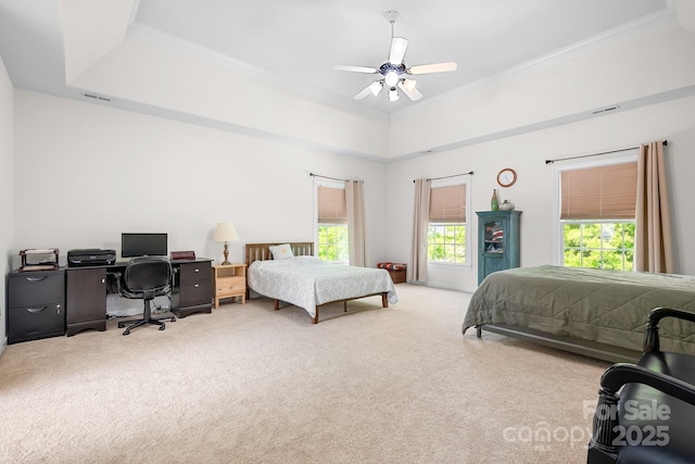 16028 Hallaton Dr, Huntersville, NC 28078 - carpeted bedroom featuring visible vents, a ceiling fan, and ornamental molding