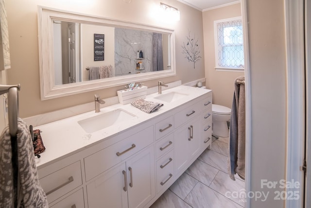 bathroom with a sink, double vanity, toilet, and crown molding