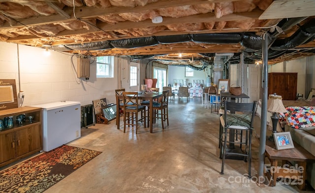 below grade area with fridge and concrete block wall