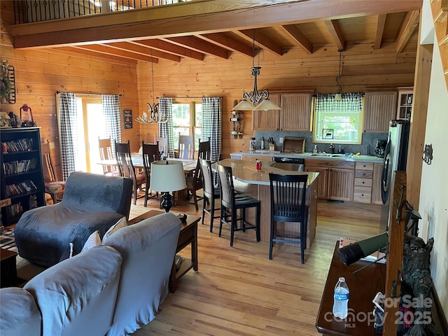 96 Trails End Ln, Maggie Valley, NC 28751 - living area featuring beamed ceiling, plenty of natural light, light wood-type flooring, and wood walls