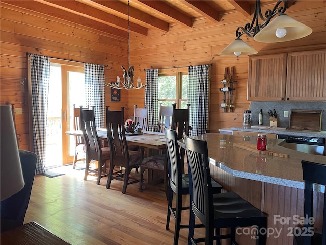 96 Trails End Ln, Maggie Valley, NC 28751 - dining space featuring beamed ceiling, wooden walls, and light wood finished floors