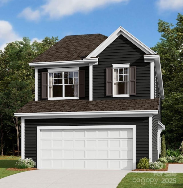 view of front of property with an attached garage, a shingled roof, and driveway