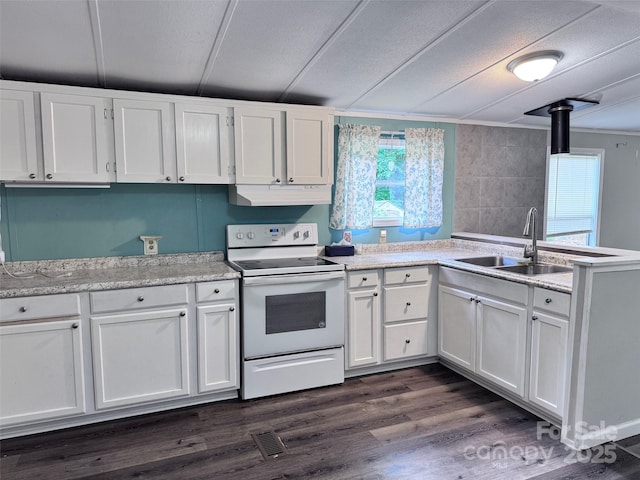 kitchen featuring under cabinet range hood, white electric stove, a sink, and white cabinets