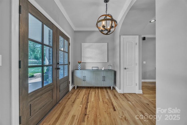 3440 17th Ave NE, Hickory, NC 28601 - doorway to outside with french doors, baseboards, light wood-style flooring, and a notable chandelier