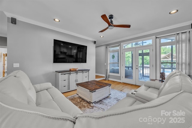 3440 17th Ave NE, Hickory, NC 28601 - living area with french doors, recessed lighting, ceiling fan, crown molding, and light wood-type flooring
