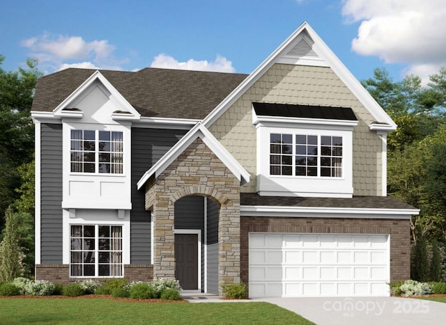 view of front facade featuring brick siding, a front yard, a garage, concrete driveway, and stone siding