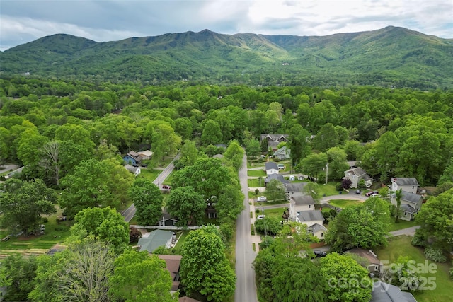 aerial overview of property's location with a mountain backdrop, a heavily wooded area, and nearby suburban area