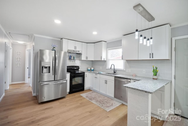 kitchen featuring a sink, crown molding, backsplash, and appliances with stainless steel finishes