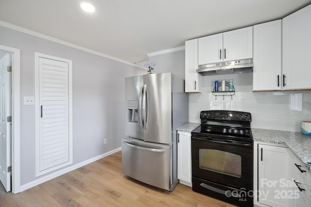 kitchen with black electric range oven, ornamental molding, stainless steel refrigerator with ice dispenser, under cabinet range hood, and white cabinetry