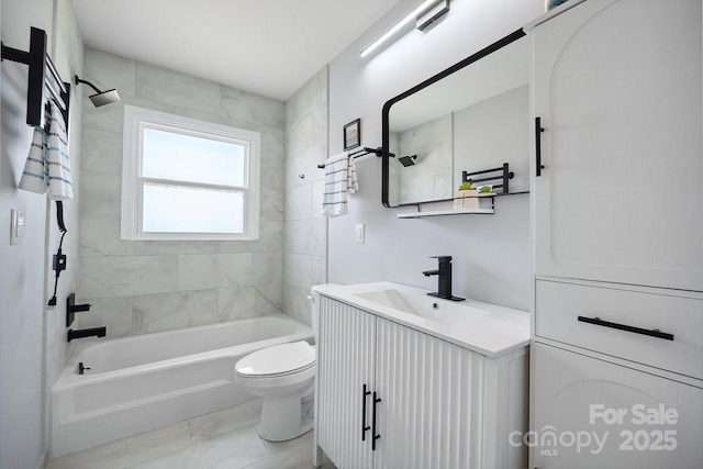 full bath with toilet, marble finish floor, shower / bath combination, and vanity