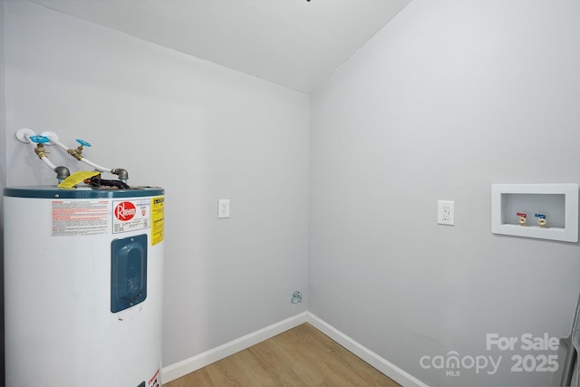 washroom with laundry area, hookup for a washing machine, light wood-type flooring, baseboards, and electric water heater