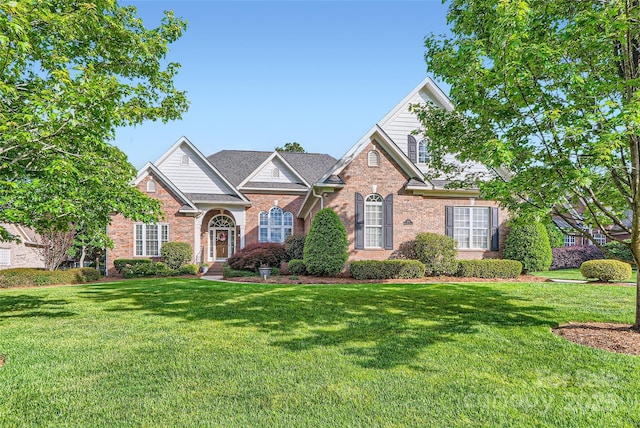 traditional-style house featuring a front yard and brick siding