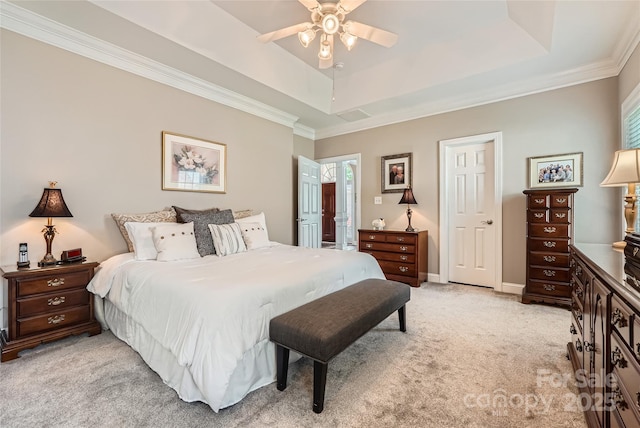 bedroom with light colored carpet, ornamental molding, ceiling fan, and baseboards