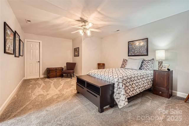 bedroom featuring light colored carpet, baseboards, and ceiling fan