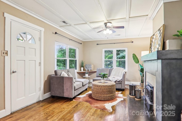 108 Patton Hill Rd, Swannanoa, NC 28778 - living area with healthy amount of natural light, ceiling fan, hardwood / wood-style floors, baseboards, and crown molding