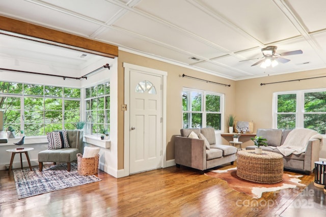 108 Patton Hill Rd, Swannanoa, NC 28778 - living area with hardwood / wood-style floors, a ceiling fan, ornamental molding, baseboards, and coffered ceiling