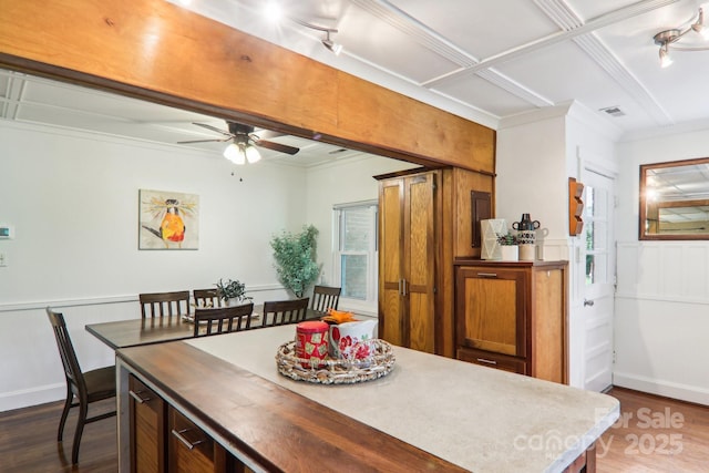 108 Patton Hill Rd, Swannanoa, NC 28778 - dining area featuring dark wood-style floors, ceiling fan, wainscoting, and crown molding