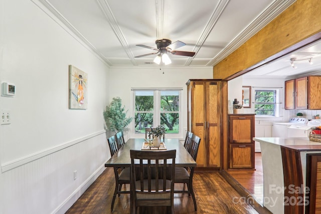 108 Patton Hill Rd, Swannanoa, NC 28778 - dining space with washing machine and clothes dryer, dark wood-style floors, ceiling fan, and ornamental molding