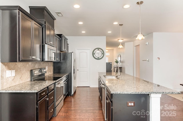 kitchen with a sink, a kitchen island with sink, visible vents, backsplash, and appliances with stainless steel finishes