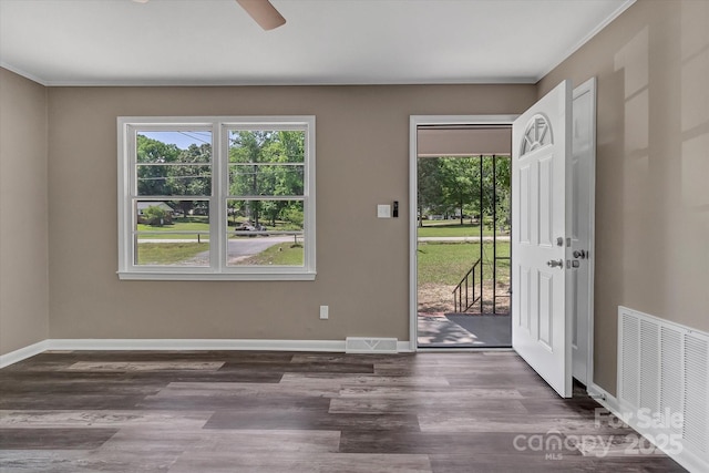 entryway with plenty of natural light, wood finished floors, a ceiling fan, and baseboards