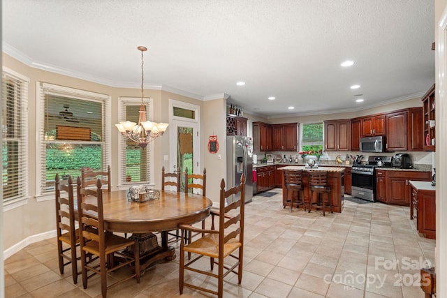104 Belvedere Dr, Morganton, NC 28655 - dining space featuring a chandelier, light tile patterned floors, crown molding, recessed lighting, and baseboards