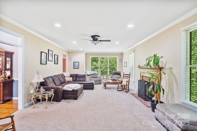 104 Belvedere Dr, Morganton, NC 28655 - living area featuring carpet floors, recessed lighting, crown molding, a fireplace with flush hearth, and ceiling fan