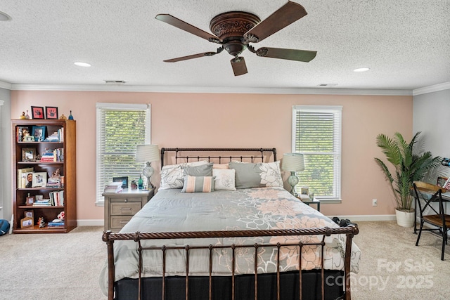 104 Belvedere Dr, Morganton, NC 28655 - bedroom featuring carpet flooring, crown molding, baseboards, a textured ceiling, and recessed lighting