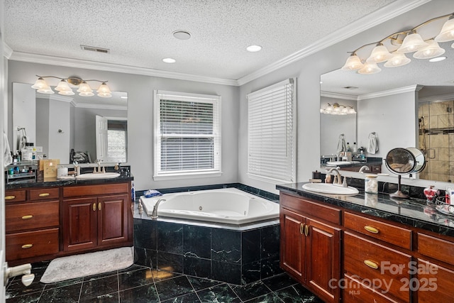 104 Belvedere Dr, Morganton, NC 28655 - full bath featuring marble finish floors, a jetted tub, two vanities, and a textured ceiling