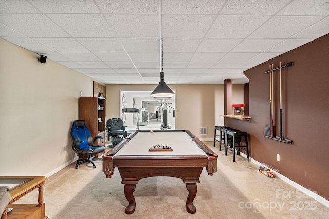104 Belvedere Dr, Morganton, NC 28655 - rec room with baseboards, carpet floors, billiards table, and a drop ceiling