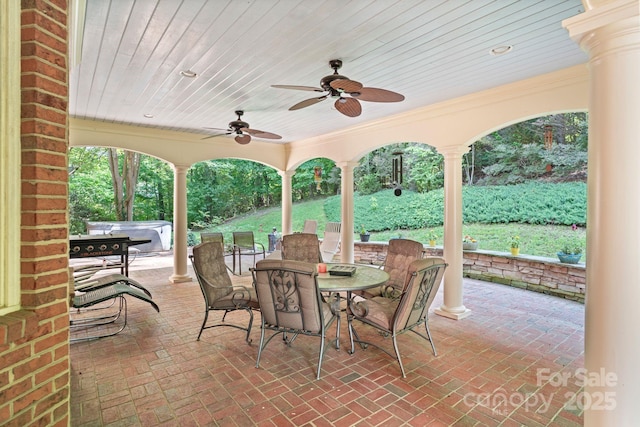 104 Belvedere Dr, Morganton, NC 28655 - view of patio featuring outdoor dining area, a hot tub, and a ceiling fan