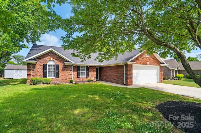 view of front facade with a garage, brick siding, a front lawn, and concrete driveway