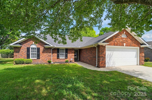 view of front of property with a garage, brick siding, concrete driveway, and a shingled roof
