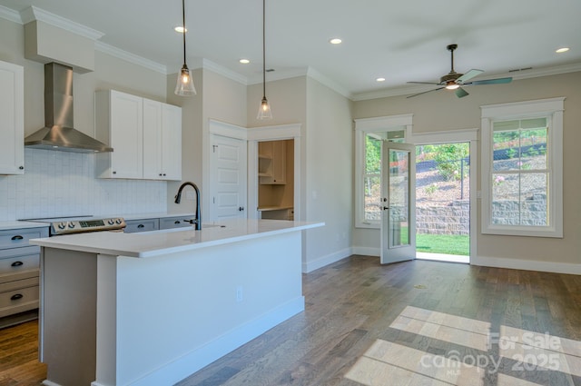 kitchen featuring wall chimney exhaust hood, plenty of natural light, wood finished floors, and backsplash