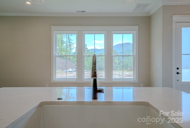 interior details featuring ornamental molding, light stone countertops, visible vents, and a sink