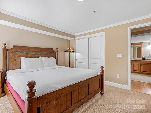 bedroom with baseboards, light carpet, ornamental molding, and a closet