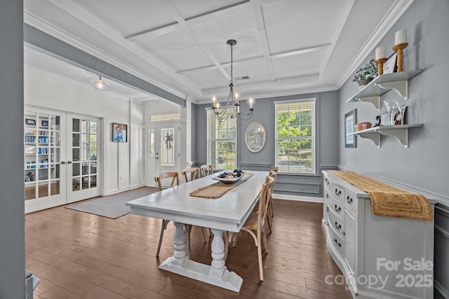 9871 Travertine Trl, Davidson, NC 28036 - dining area with dark wood-style flooring, crown molding, french doors, a chandelier, and coffered ceiling