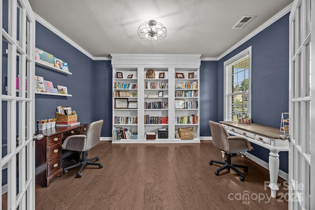 9871 Travertine Trl, Davidson, NC 28036 - office space featuring wood finished floors, crown molding, baseboards, a chandelier, and french doors