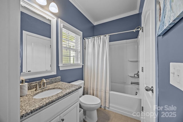 9871 Travertine Trl, Davidson, NC 28036 - full bath featuring vanity, toilet, shower / tub combo, ornamental molding, and tile patterned flooring