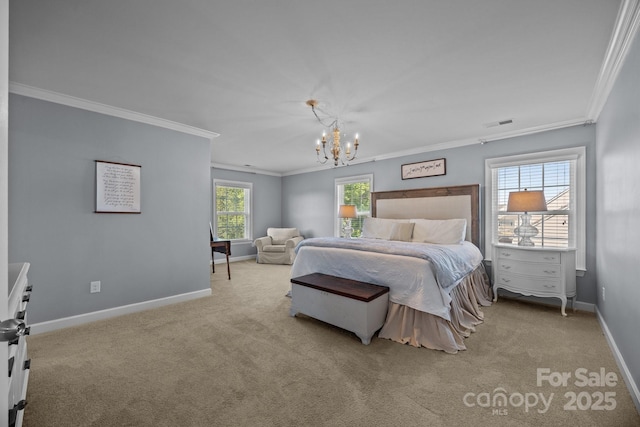 9871 Travertine Trl, Davidson, NC 28036 - bedroom with crown molding, a chandelier, carpet floors, and baseboards