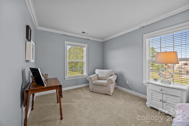 9871 Travertine Trl, Davidson, NC 28036 - sitting room with ornamental molding, baseboards, carpet flooring, and a desk