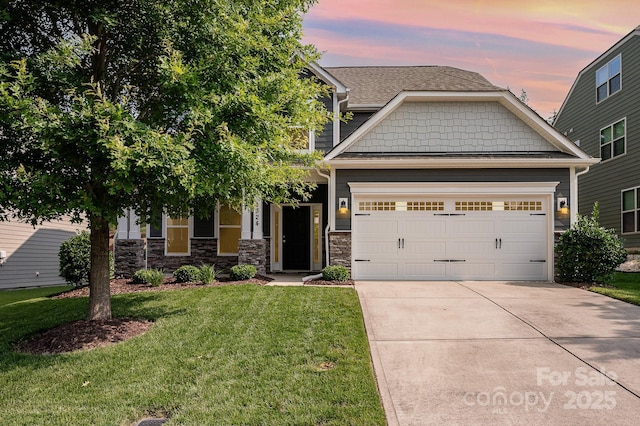 4324 Falls Lake Dr SW, Concord, NC 28025 - craftsman inspired home with a yard, driveway, a garage, stone siding, and roof with shingles