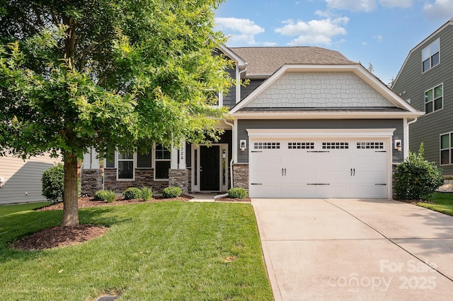 4324 Falls Lake Dr SW, Concord, NC 28025 - craftsman house with an attached garage, a front yard, driveway, and stone siding